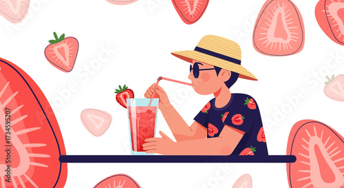Relaxing summer vacation with fresh strawberry juice refreshing vibes illustration