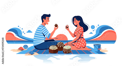 Romantic beach picnic illustration with couple enjoying sweet treats at sunset in summer season