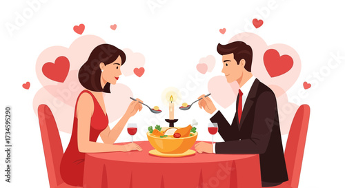 Romantic Couple Enjoying Candlelit Dinner Celebration with Valentine's Day Theme