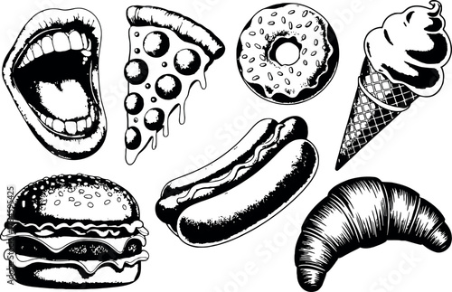 A collection of popular fast food items including a hamburger, pizza slice, hot dog, donut, ice cream cone, and croissant are depicted in a hand-drawn, black and white style.