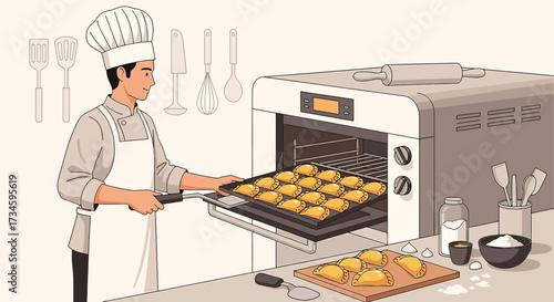 Skilled chef baking delicious empanadas in a modern kitchen with an oven for culinary creation