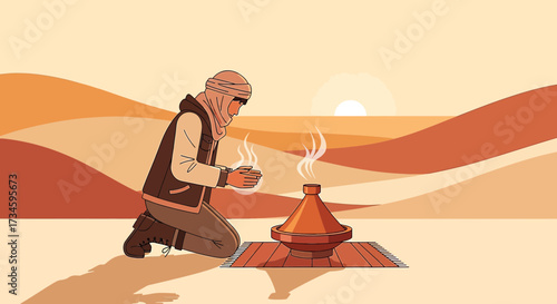 Solitary desert traveler kneeling before a steaming tagine with a serene sunset backdrop