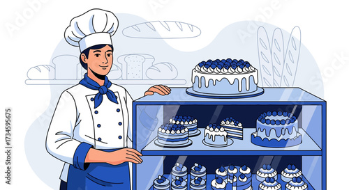 Smiling baker presenting a display of delicious cakes and breads at bakery shop