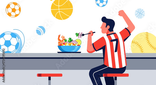 Sports Fan Enjoys Ceviche with a Cheerful Celebration Amongst Various Sports Balls Design
