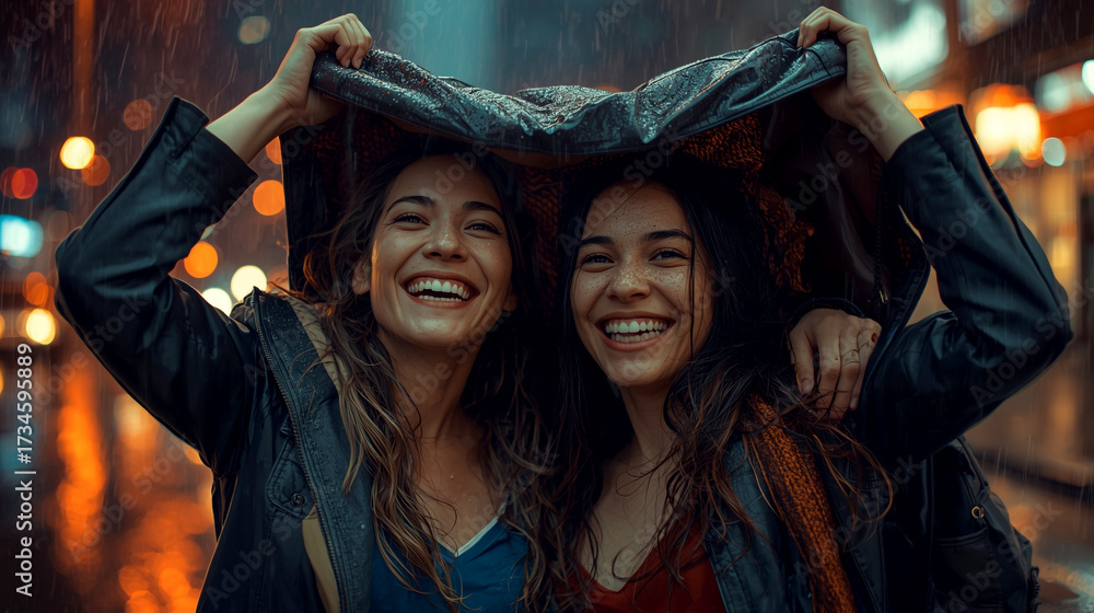 Obraz premium Two young girls laughing, hidden under one jacket in the rain on a city street, joyful and carefree in the glowing night atmosphere.