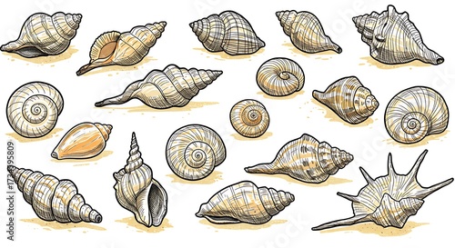 Assorted seashells illustration isolated on white background for decorative designs