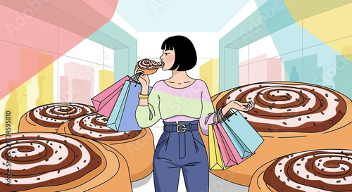 Stylish woman indulging in a cinnamon roll after a successful shopping trip surrounded by bakery
