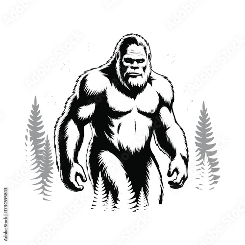 Bigfoot creature standing forest illustration. Legend myth folklore cryptid. Ape like mammal hairy monster.