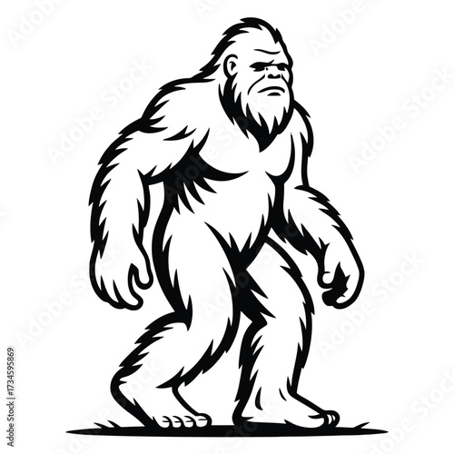 Bigfoot creature standing full body illustration. Legend myth folklore cryptid. Ape like mammal hairy monster.