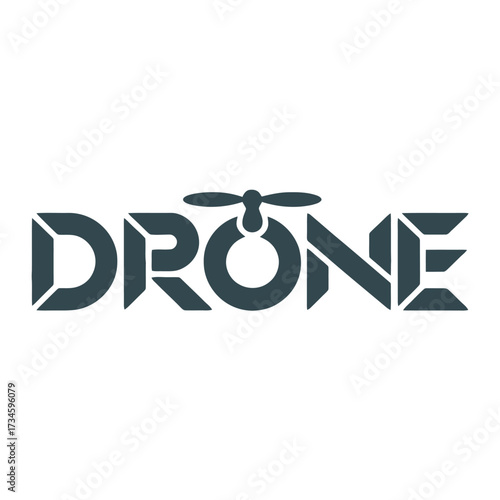 Drone wordmark logo with propeller rotor above letter O. Technology aerial transport. Delivery innovation unmanned.