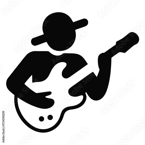 Musician playing guitar, electric instrument performer, guitarist with hat, live show artist, entertainment presenter