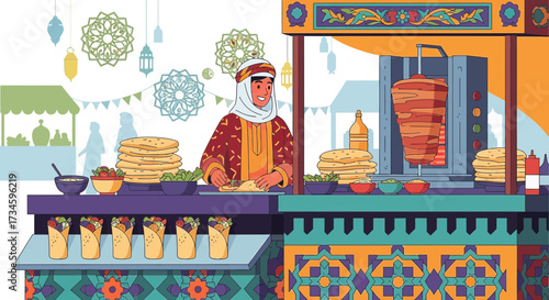 Vibrant illustration of street food vendor preparing shawarma with colorful decorations and
