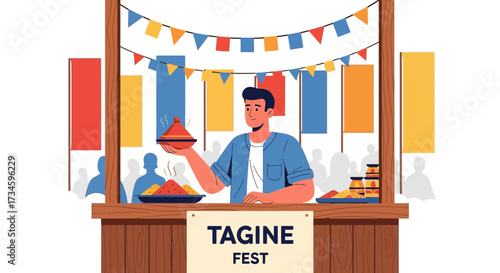 Vibrant Tagine Fest Illustration Showcasing Moroccan Cuisine and Festive Atmosphere