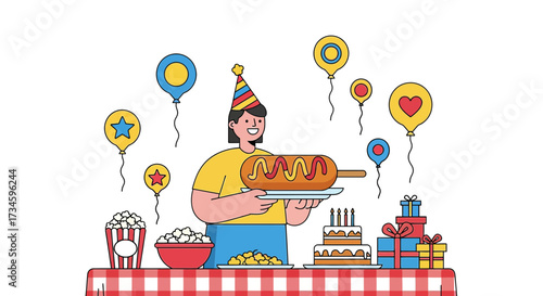 Whimsical birthday party illustration featuring a giant corn dog cake and balloons joyful