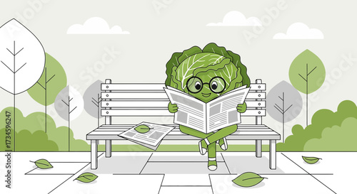 Whimsical Cabbage Cartoon Character Reading Newspaper on Park Bench Surrounded by Nature