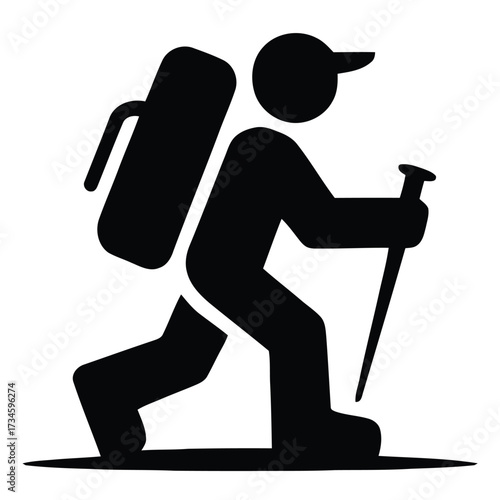 Backpacker hiking outdoor, person with backpack on journey, trekking pole user, adventure travel symbol, nature explorer