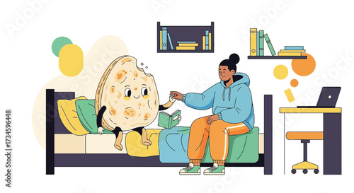 Whimsical study session with a friendly piece of pita bread engaging a student, creating a playful