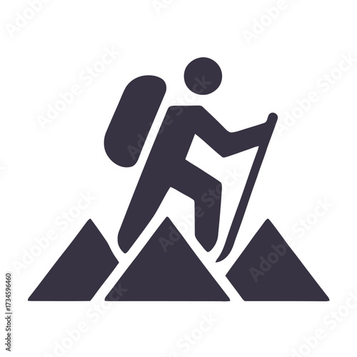 Person hiking uphill on mountains with gear, outdoor recreational pursuit, climbing expedition, journey challenge success.