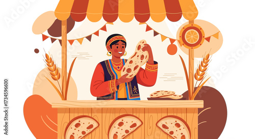 Woman at food stall presenting traditional bread with cultural elements illustration