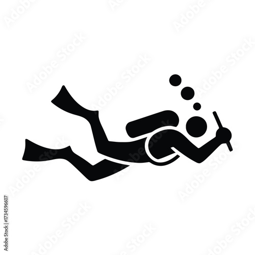 Underwater diver silhouette. Scuba swimming with spear. Marine explorer equipment. Deep sea adventure. Ocean recreation icon.