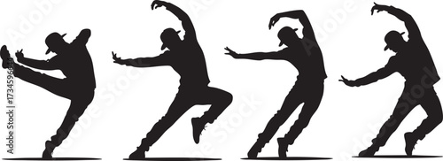Silhouettes of four young men in caps and jackets running dynamically.