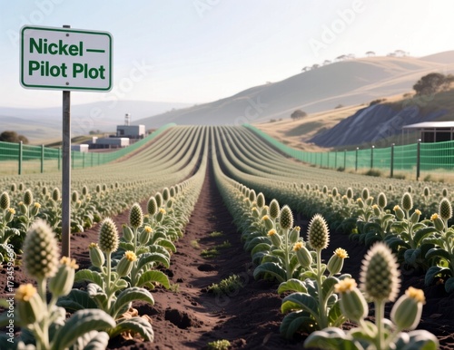 Rows of hyperaccumulator plants in a field at a nickel phytomining pilot plot.