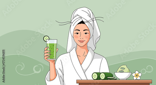 Woman in spa with green smoothie and cucumber mask promoting wellness concept
