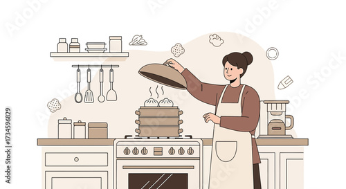 Woman preparing traditional chinese steamed buns dim sum in a minimalist kitchen setting showing