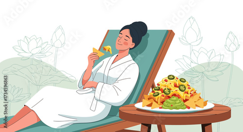 Woman relaxes and eats nachos on a lounge chair near lotuses for a spa day indulgence