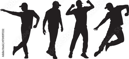 Silhouettes of four young men in caps and jackets running dynamically.