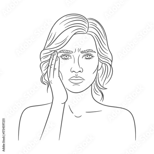 Woman headache migraine, female suffering pain, head pressure discomfort, health distress symptom, unwell feeling