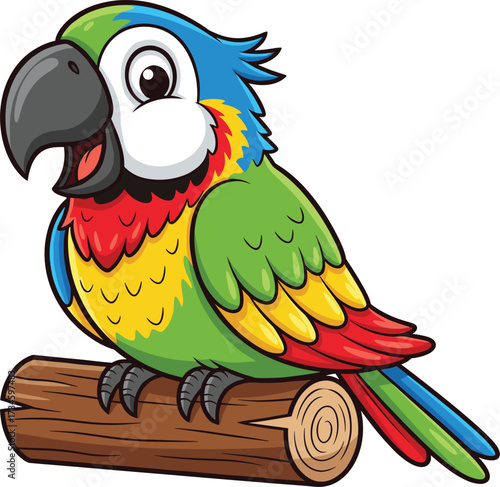 Playful Parrot on Wooden Log Cartoon Vector Illustration