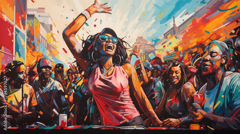 Obraz premium Energetic crowd celebrating at vibrant street festival with confetti, joy, and dynamic movement evoking a sense of community and lively entertainment