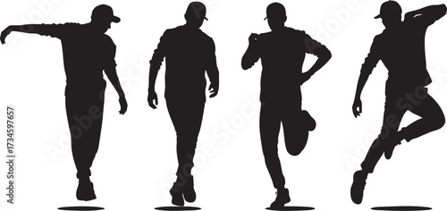 Silhouettes of four young men in caps and jackets running dynamically.