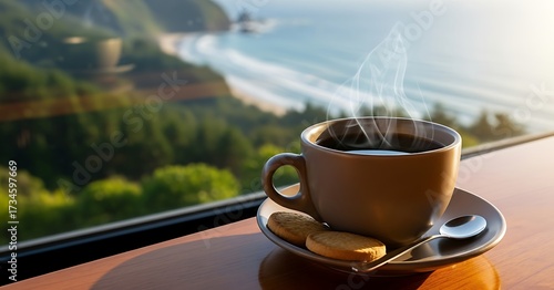 Hot Coffee with Cookies by Scenic Ocean View Window