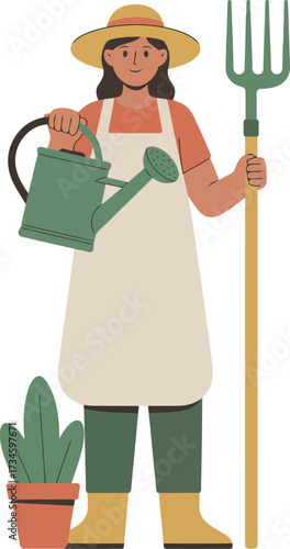 A woman gardener, wearing a hat, apron, and boots, holds a watering can and a pitchfork, standing beside a potted plant, in a flat illustrative style.