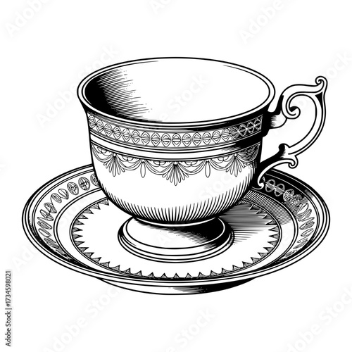 Vintage Teacup Illustration: A meticulously crafted line art illustration of a classic teacup and saucer, perfect for projects with vintage charm. 