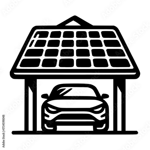 Sustainable Energy Solution: An illustrative depiction showcases an electric car sheltered beneath a garage equipped with solar panels, epitomizing renewable energy and eco-conscious living.