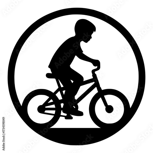 Silhouette of Young Biker in Circle: A clean graphic image of a young person silhouette riding a bike, symbolizing outdoor recreation and youth activity.