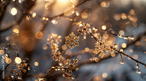 Golden Snowflakes, Frosted Pines, and Glowing Decorations Welcoming a Merry Christmas and a Joyful New Year. Happy new year