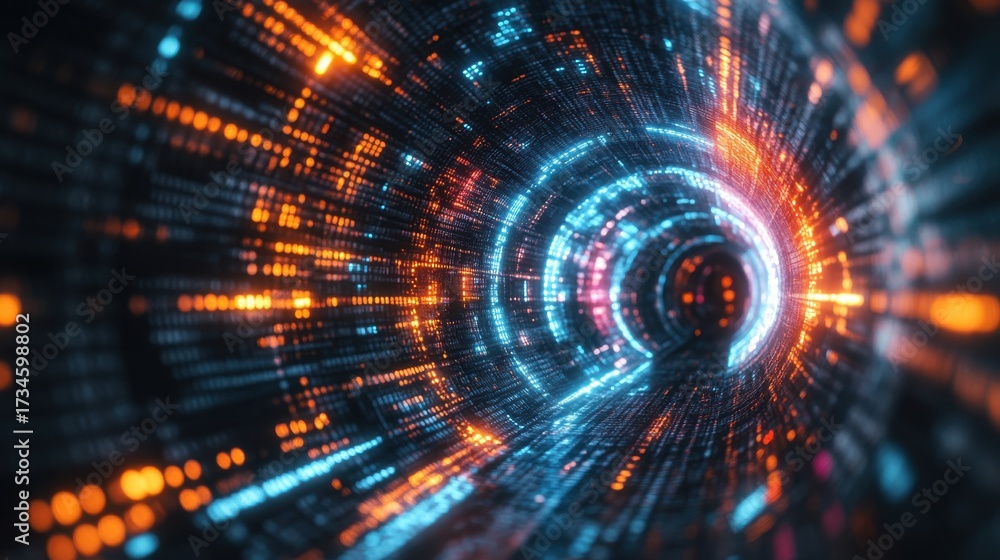 Obraz premium A vibrant, abstract representation of a digital tunnel with flowing lights, symbolizing technology and innovation.