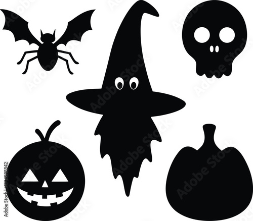 Collection of halloween themed black silhouettes including a bat witch hat skull and pumpkins silhouette isolated on white background isolated on transparent background