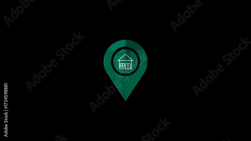 house location 3d pin icon animation on transparent, green color pin with white house icon