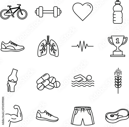 Fitness health icons set, exercise and nutrition symbols, workout line art, gym training, healthy lifestyle outline pack, medical sport illustrations