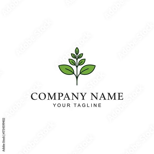 Minimalist logo design of a green plant sprout with sample company name and tagline text below.