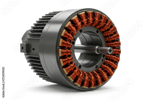 Detailed close-up of a powerful electric motor stator showcasing intricate copper windings and metallic housing, perfect for engineering and industrial concepts.