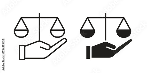 Justice scales in Hand icons in line stroke outline art and clip art