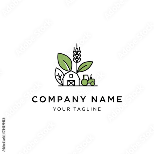Minimalist logo featuring a barn, tractor, wheat, and leaves, representing a farm or agricultural business.