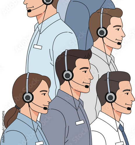 Team of Call Center Agents with Headsets Vector Art