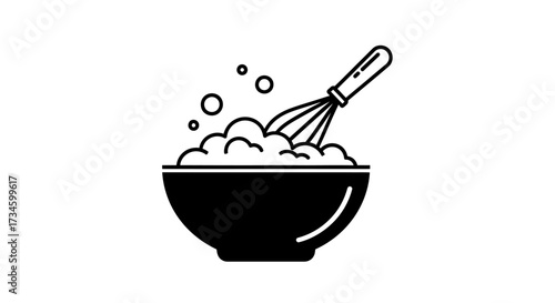 Bowl with whisk mixing ingredients, bubbles, cooking icon.